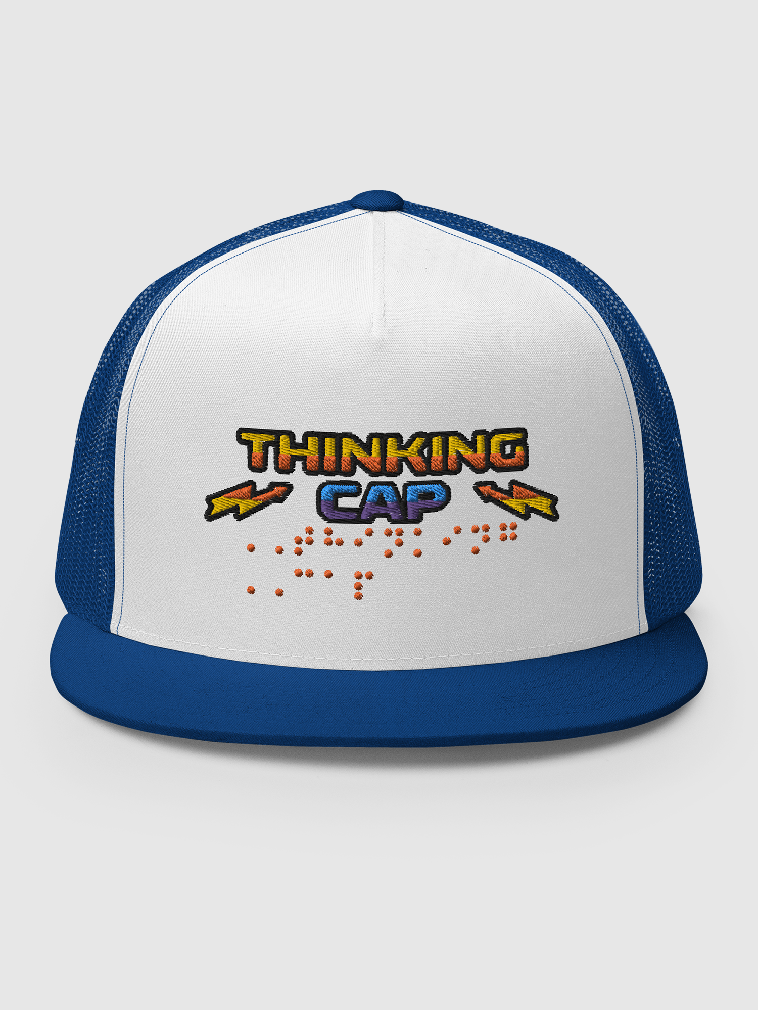Stranger Things Thinking Cap Braille Embroidered Trucker Cap [Royal/ White]