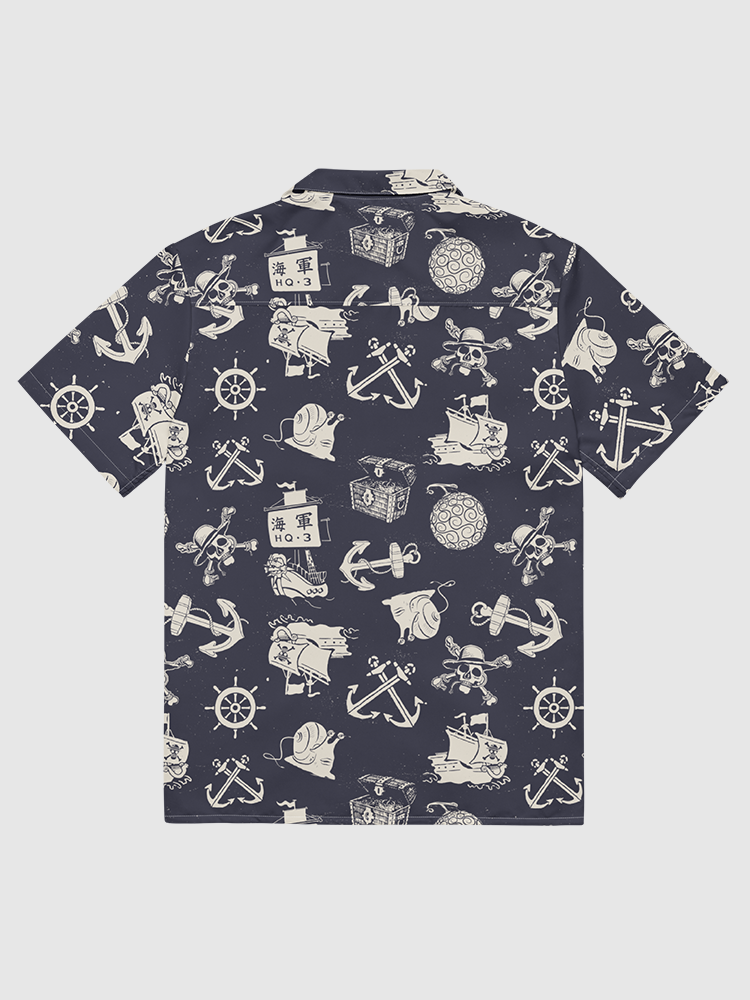 One Piece Sea Pattern Button Up Shirt - Navy