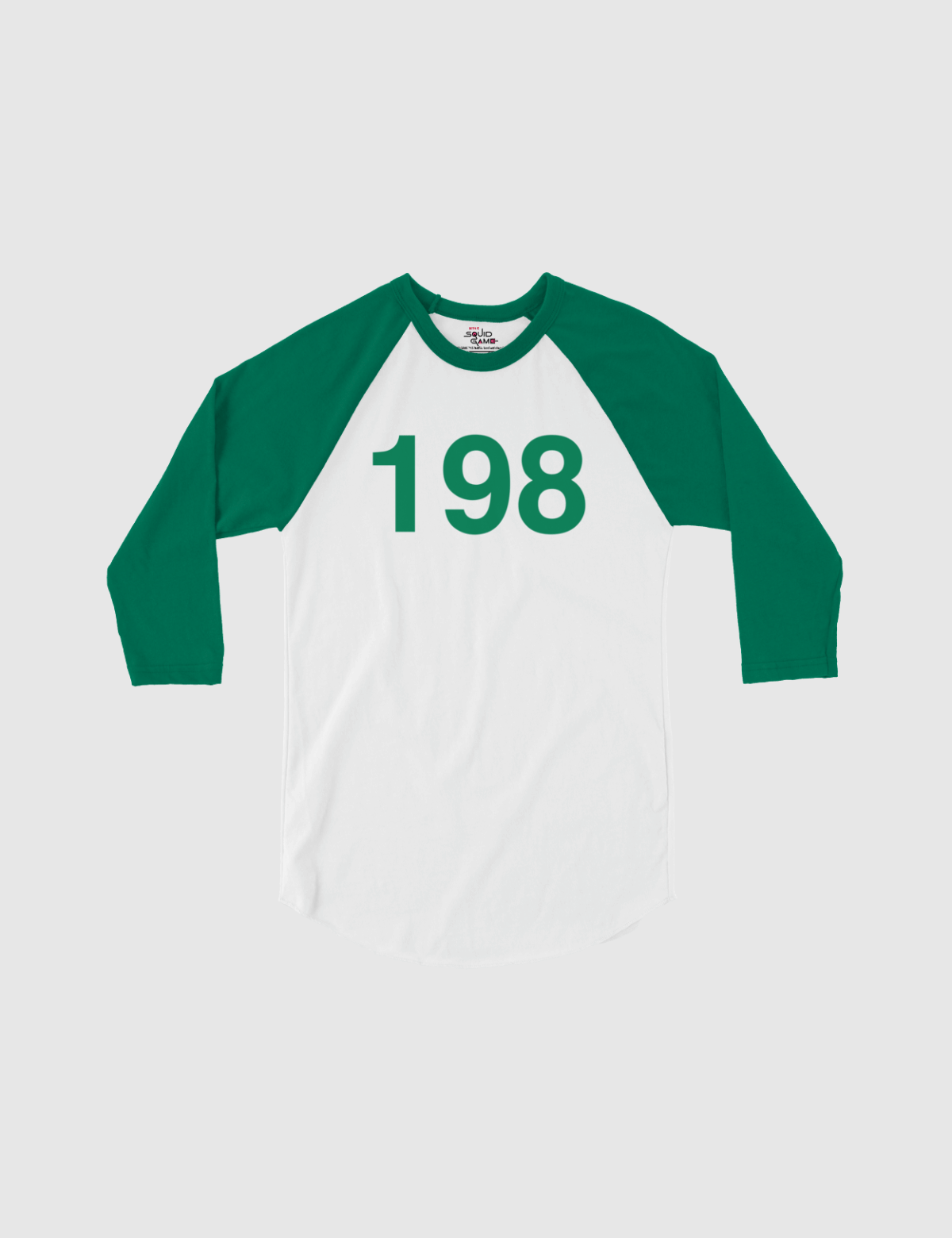 Squid Game: The Challenge Player Raglan Shirt [White/Kelly] - Player 198