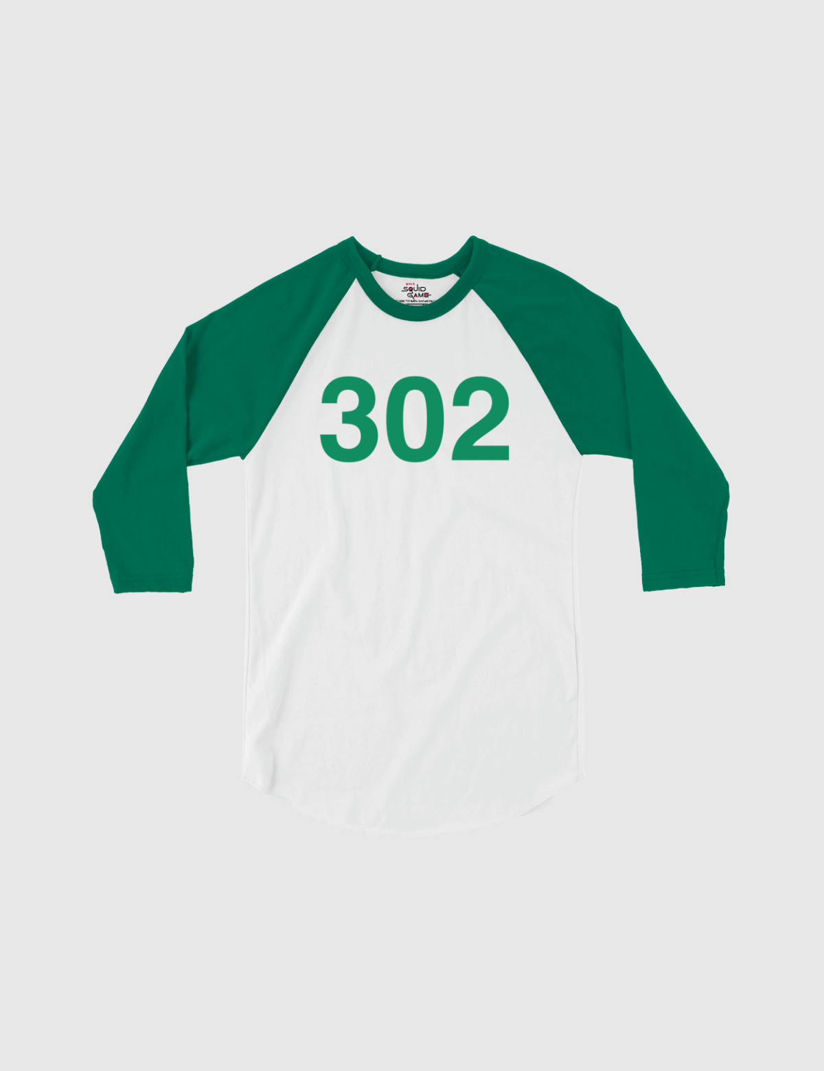 Squid Game: The Challenge Player Raglan Shirt [White/Kelly] - Player 302